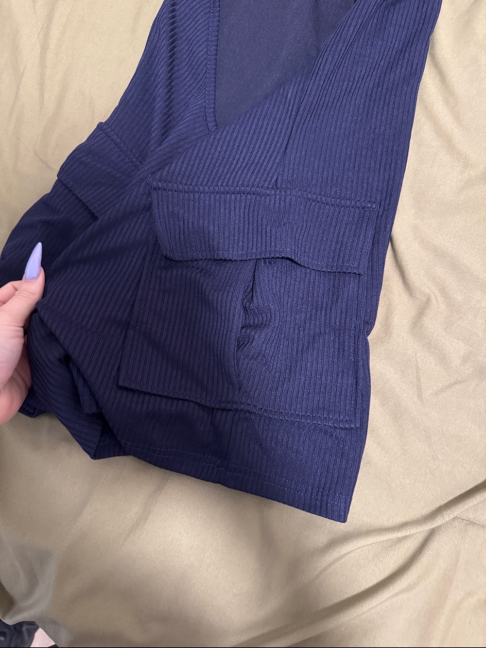 Navy Ribbed Halter Romper with Utility Pockets - Picture 3 of 4